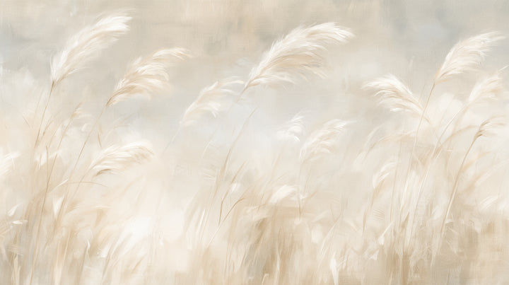 PAMPERO – motif complet : plumeaux crème d'herbe de la pampa couchés vers la droite par le vent sur fond de brume gris-bleu