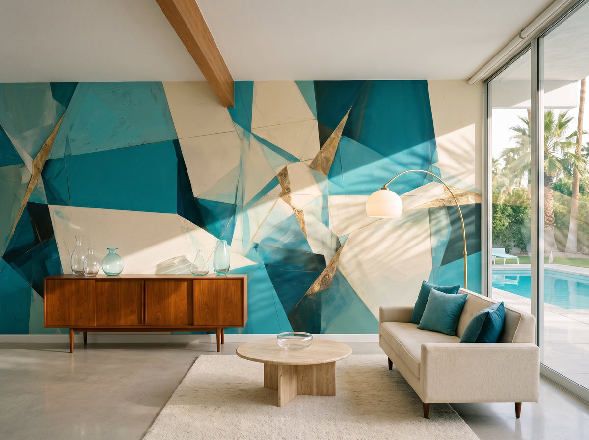 PAPER PRISM w aranżacji salonu: niski drewniany kredens i kremowa sofa przed ścianą z geometrycznym wzorem