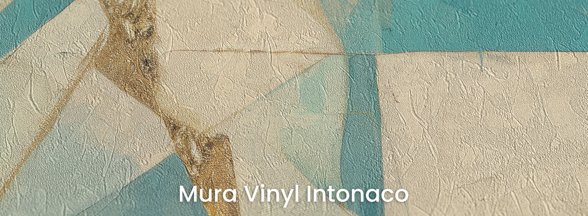 PAPER PRISM na podłożu Mura Vinyl Intonaco – faktura tartego tynku na kremowych płaszczyznach i złotym pasie