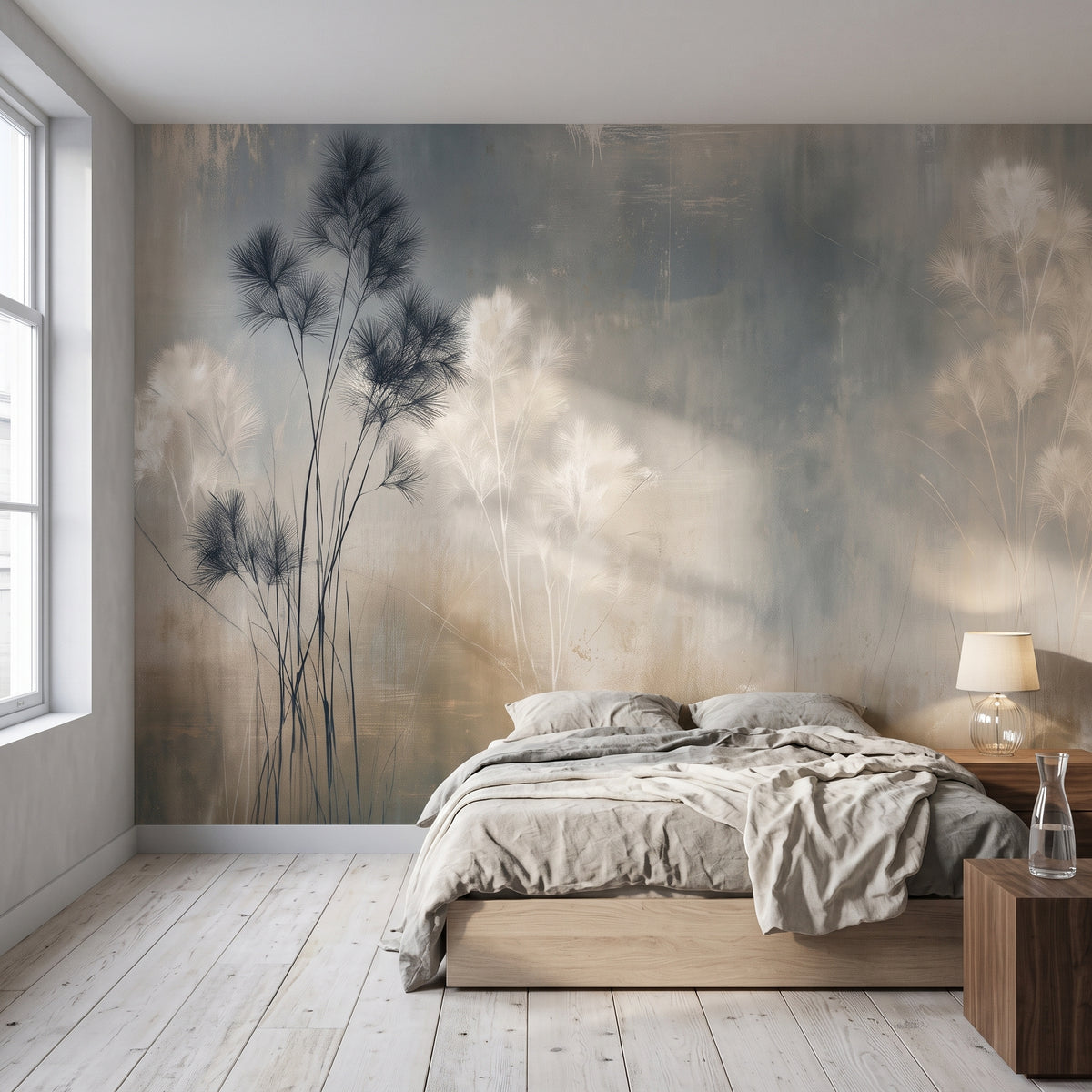 PAPYRUS STAND in a bedroom setting in an Amsterdam townhouse, with a low bed and a bedside table with a lamp in front of the wall