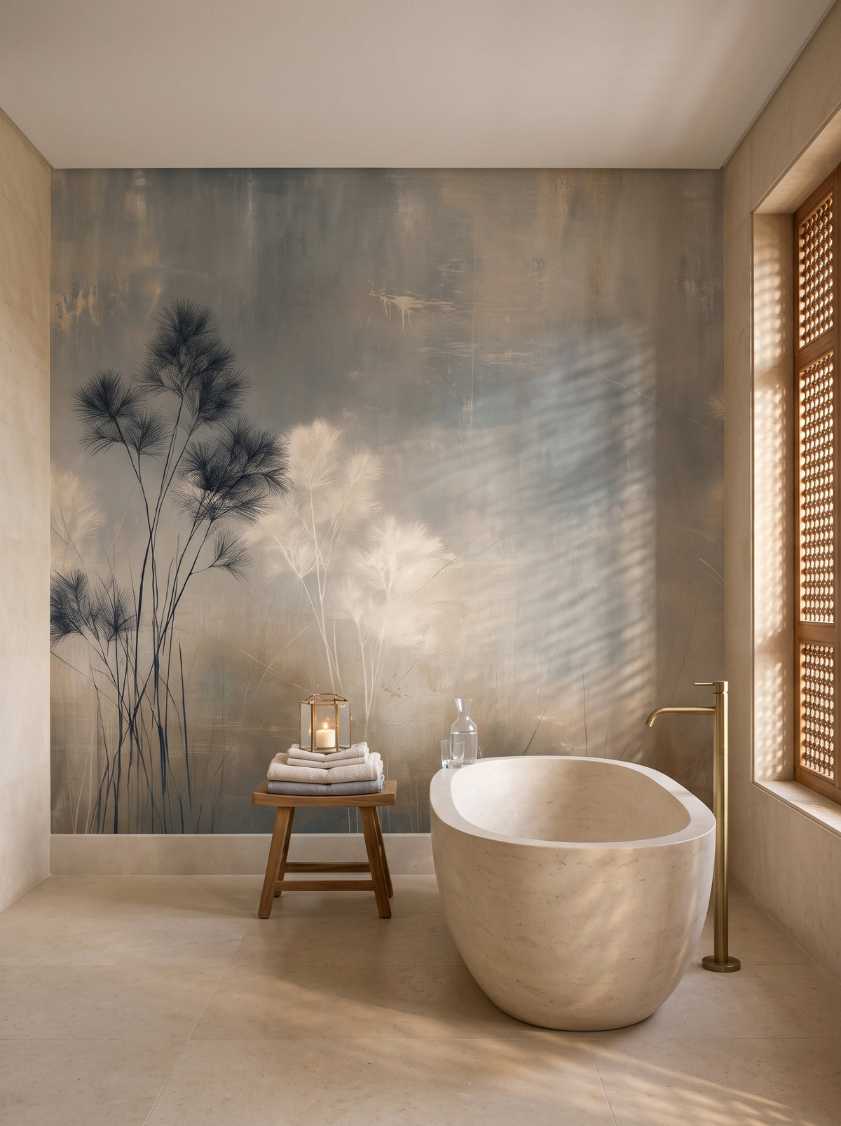 PAPYRUS STAND in a bathroom setting in a riverside villa near Luxor, with a stone bathtub and a teak stool in front of the wall