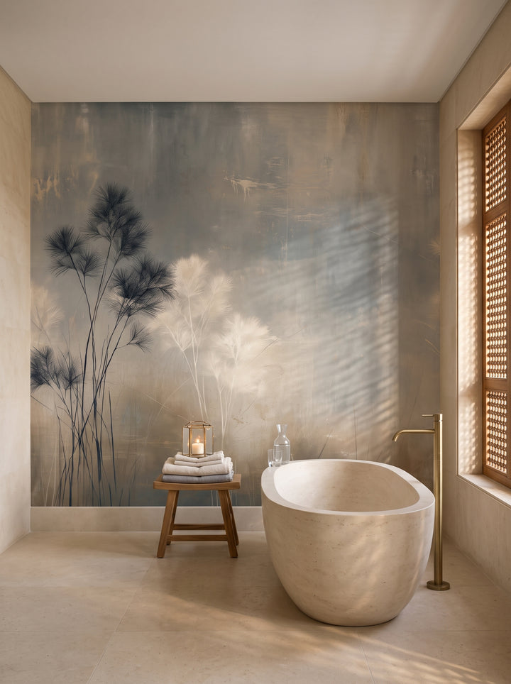 PAPYRUS STAND in a bathroom setting in a riverside villa near Luxor, with a stone bathtub and a teak stool in front of the wall