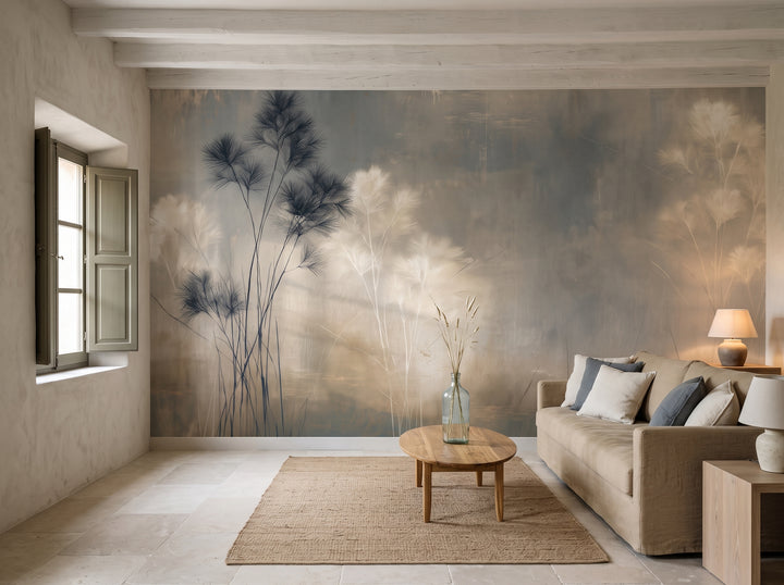 PAPYRUS STAND in a living room setting in a stone house in Mallorca, with a low sofa and a coffee table in front of the wall