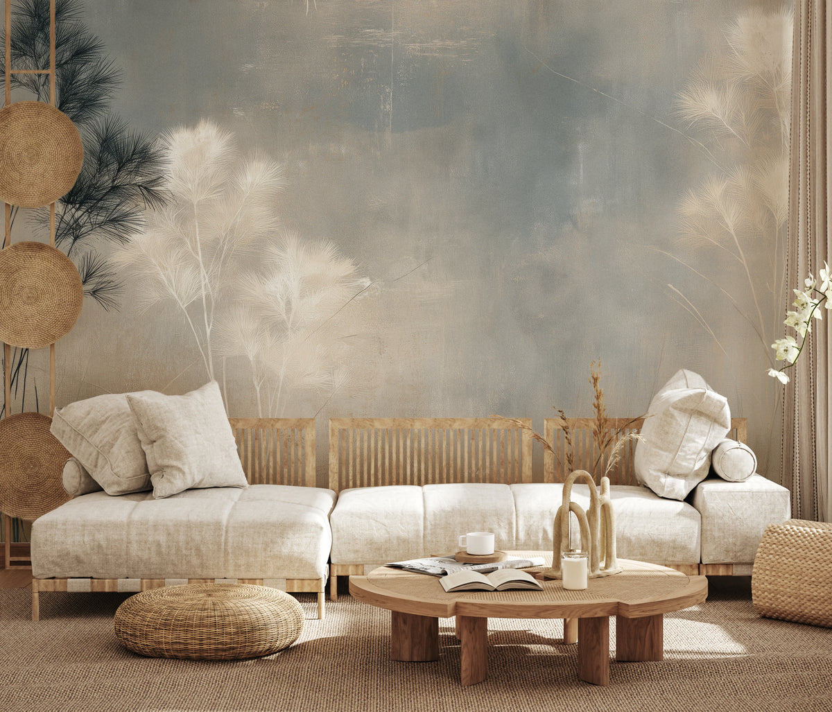 PAPYRUS STAND across the whole wall of a rustic living room above a light sofa and round coffee table – scale of the design next to furniture