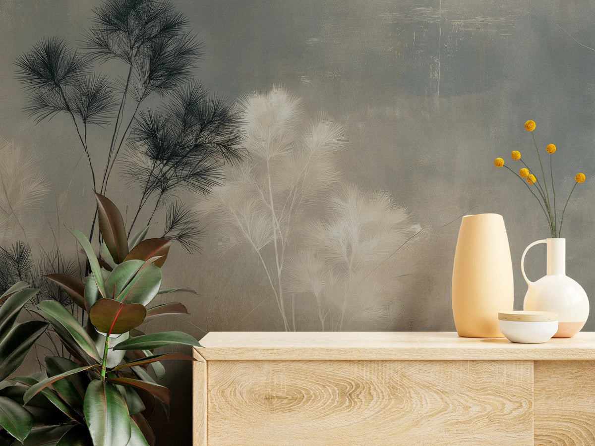 PAPYRUS STAND close up: navy and cream plumes above a wooden chest of drawers with vases, beside a green plant