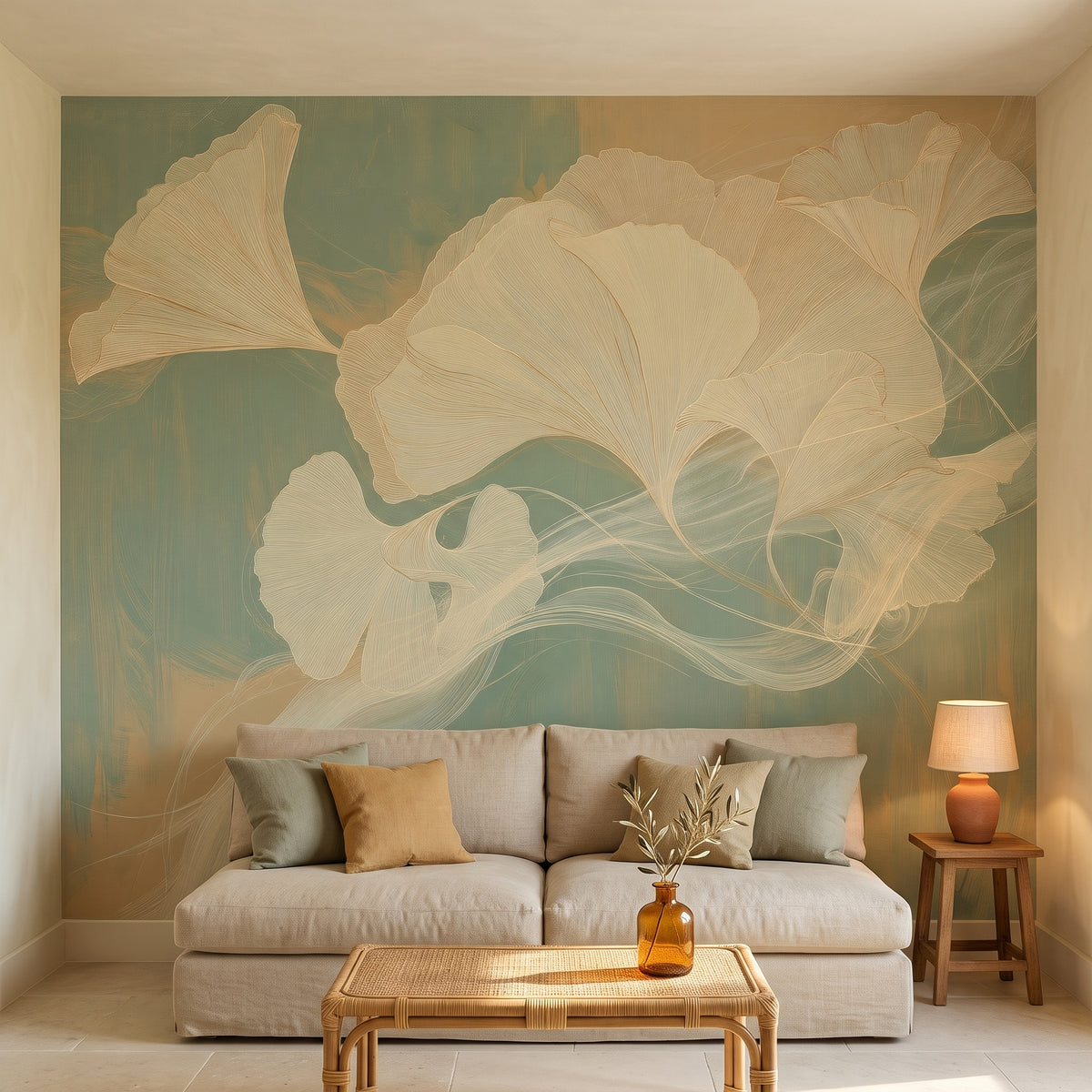 PARCHMENT ZEPHYR w aranżacji salonu w kamiennym domu w Prowansji, przed ścianą lniana sofa i rattanowy stolik