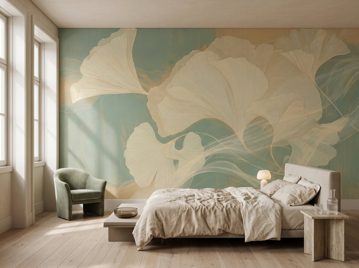 PARCHMENT ZEPHYR w aranżacji apartamentu hotelowego w Lizbonie, przed ścianą niskie łóżko i szałwiowy fotel