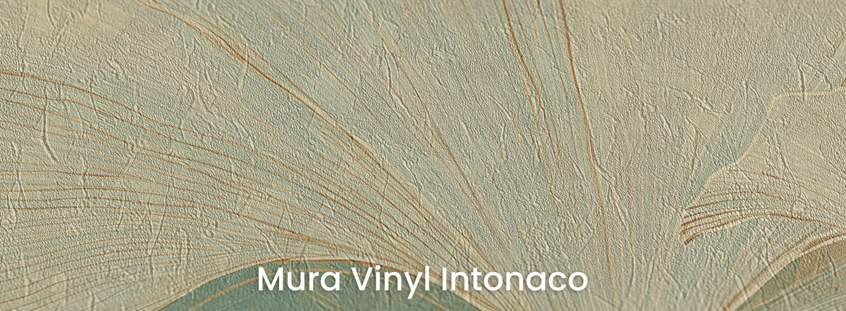 PARCHMENT ZEPHYR na podłożu Mura Vinyl Intonaco – tynkowa faktura na szałwii i kremowych liniach