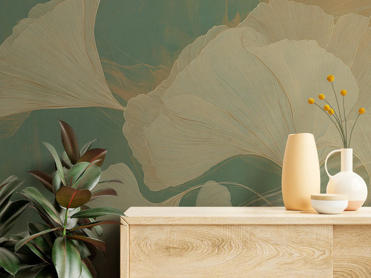PARCHMENT ZEPHYR z bliska – cienkie kremowe linie i brązowe kontury liści za jasną komodą