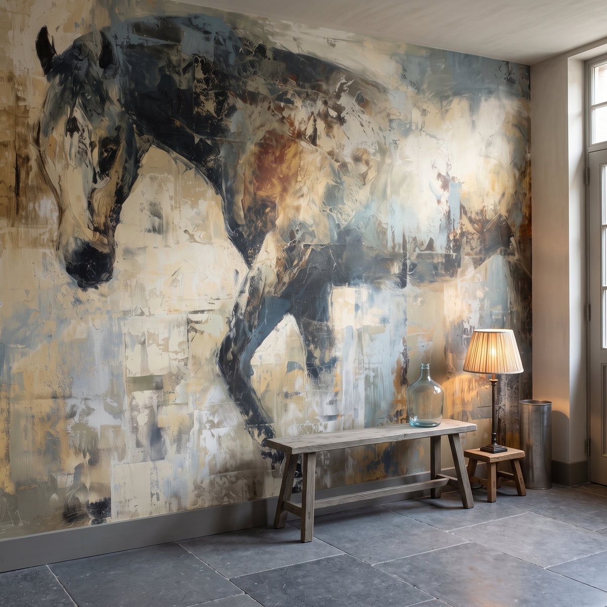 PATINA WALKER in der Raumgestaltung eines Eingangsflurs: Pferd mit gesenktem Kopf, rechts niedrige Eichenbank und Lampe auf Steinboden