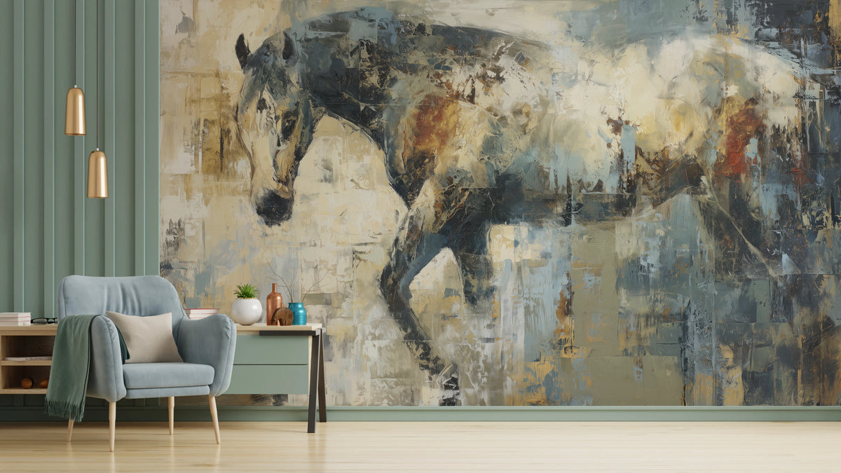 PATINA WALKER an der ganzen Wohnzimmerwand: Pferd geht mit gesenktem Kopf nach links, verschmolzen mit Creme- und Graphitflecken, links grünes Paneel und Sessel