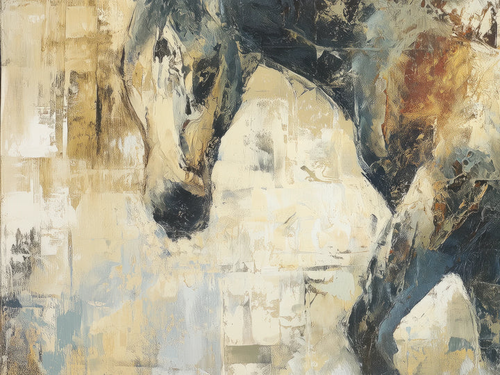 PATINA WALKER de cerca: cabeza baja de frente clara y hocico oscuro, paletilla color óxido y manchas frotadas de ocre y azul