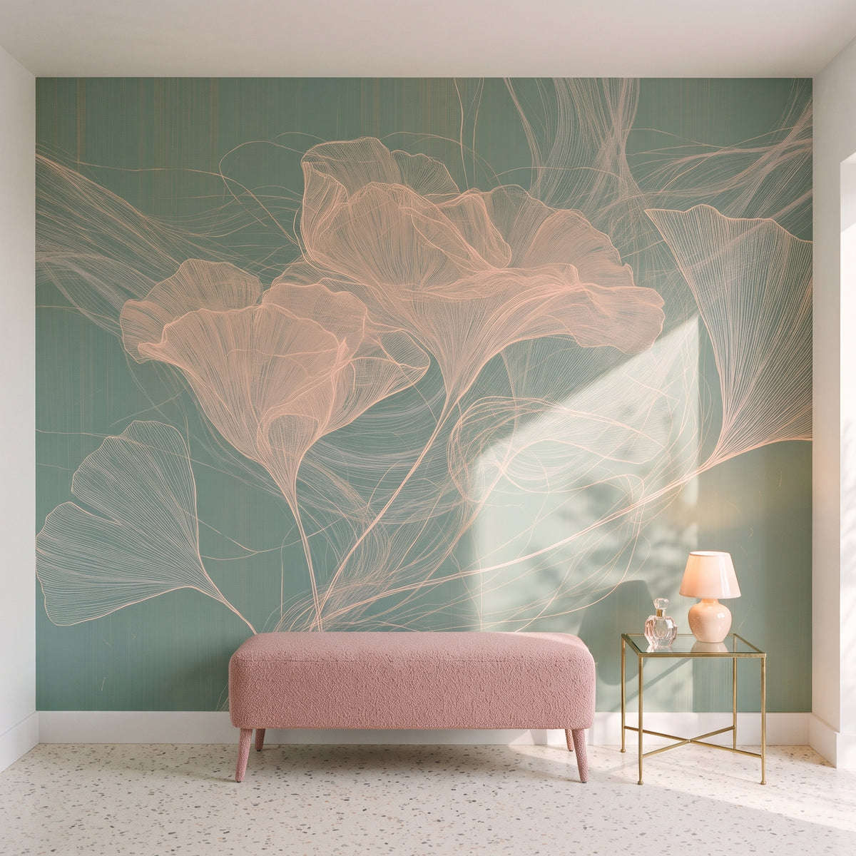 PEACH SKEIN dans un dressing d’une villa des années 60 sur la Côte d’Azur, devant le mur une banquette rose poudré