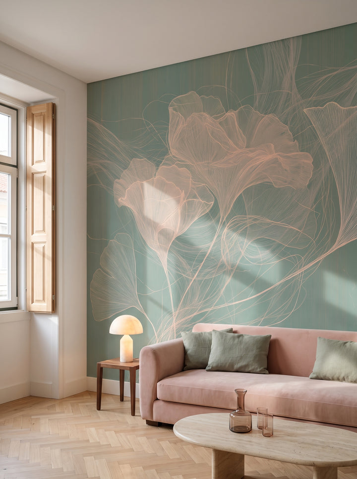 PEACH SKEIN w aranżacji salonu w lizbońskim apartamencie z lat 30., przed ścianą niska różowa sofa i stolik z trawertynu