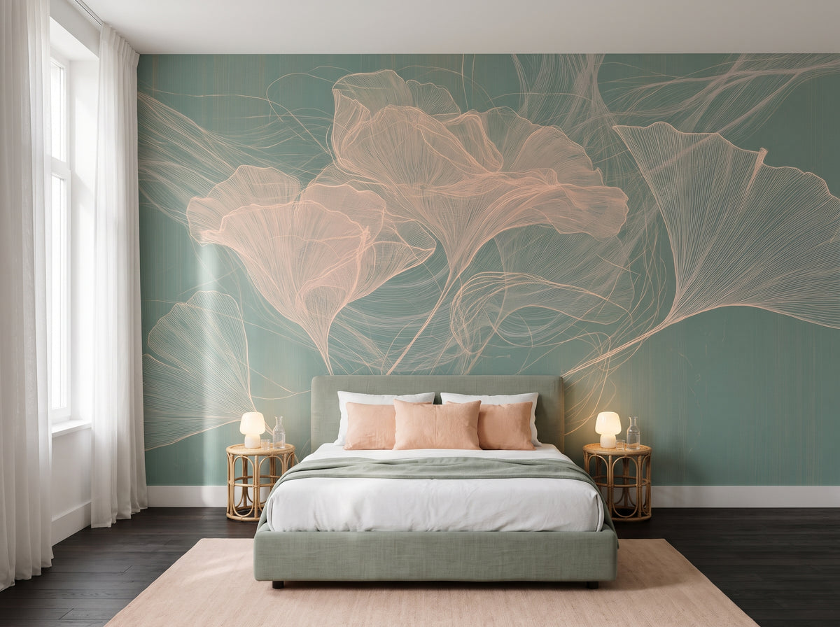 PEACH SKEIN dans une chambre d’un appartement bruxellois du tournant du siècle, devant le mur un lit bas en lin sauge