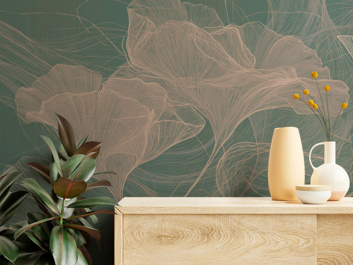 PEACH SKEIN en gros plan – lignes roses des feuilles ondulées au-dessus d’une commode claire avec des vases et un ficus