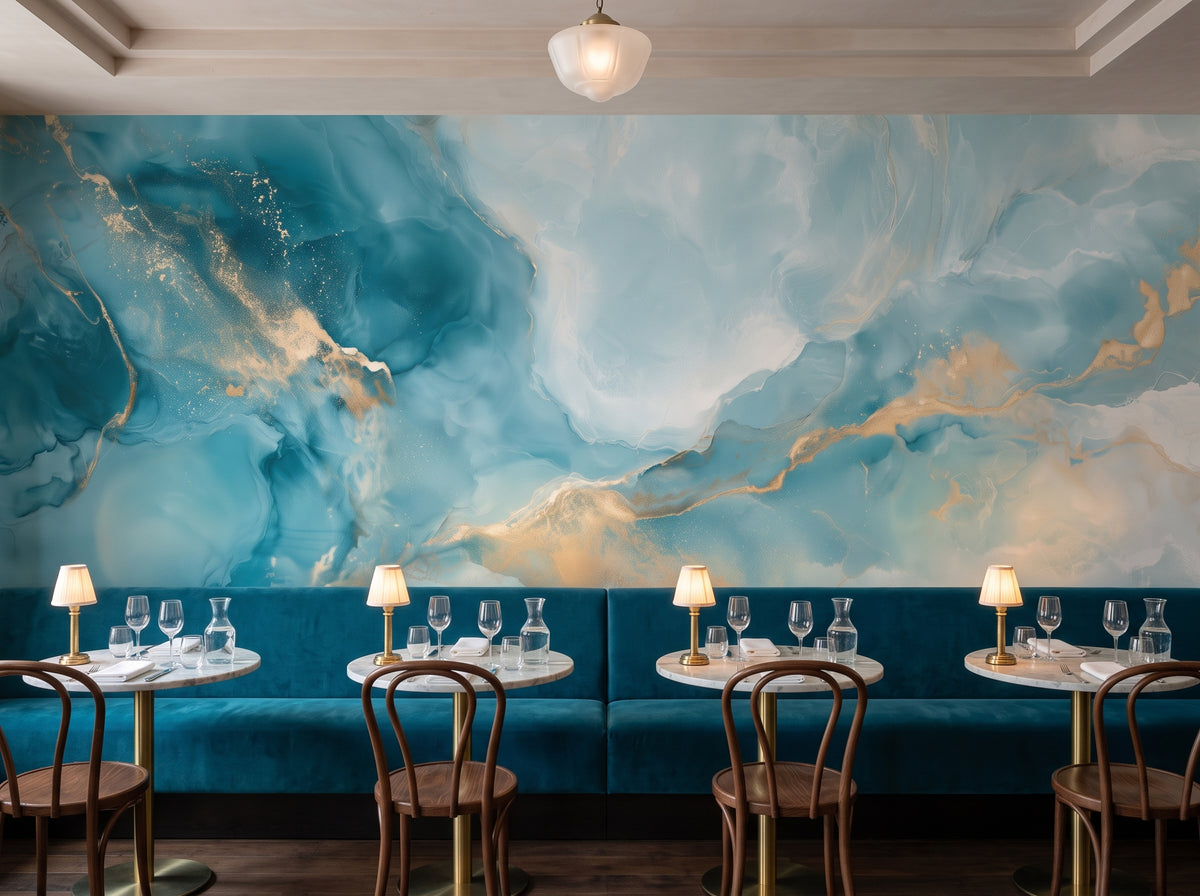 PEACOCK AGATE w aranżacji restauracji: cała ściana nad długą aksamitną kanapą i okrągłymi stolikami z marmurowymi blatami
