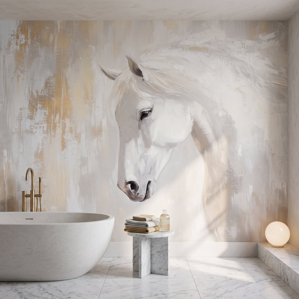 PEARL CURTSY en una ambientación de baño: bañera blanca a un lado y taburete bajo de mármol con toallas bajo el hocico del caballo