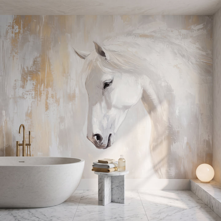 PEARL CURTSY en una ambientación de baño: bañera blanca a un lado y taburete bajo de mármol con toallas bajo el hocico del caballo