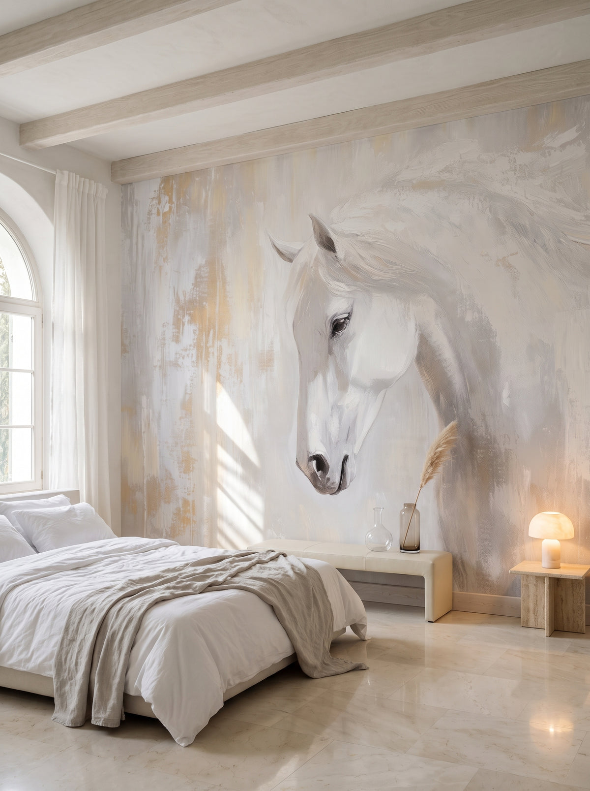 PEARL CURTSY en una ambientación de dormitorio en una villa blanca: cama a la izquierda y banco bajo de cuero bajo el hocico del caballo blanco