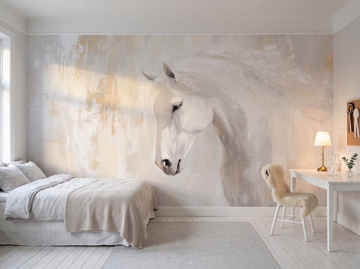 PEARL CURTSY en una ambientación de habitación de adolescente: cama a la izquierda, escritorio blanco a la derecha y la cabeza entera del caballo en el centro