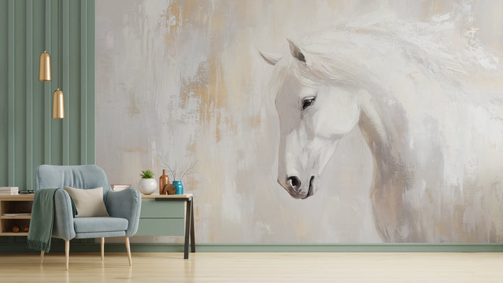 PEARL CURTSY, pared de salón: caballo blanco con la cabeza muy baja y la crin levantada; a la izquierda, panel verde y sillón celeste