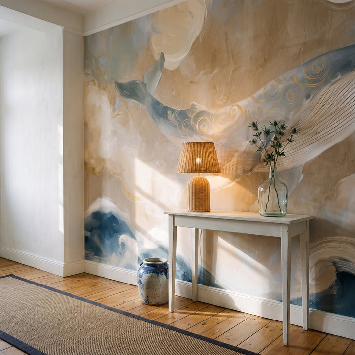 PEARL DRIFTER in der Raumgestaltung eines Flurs: Wal mit goldenen Spiralen über schmaler Konsole mit Rattanlampe, am Boden Wellen und Keramikkrug