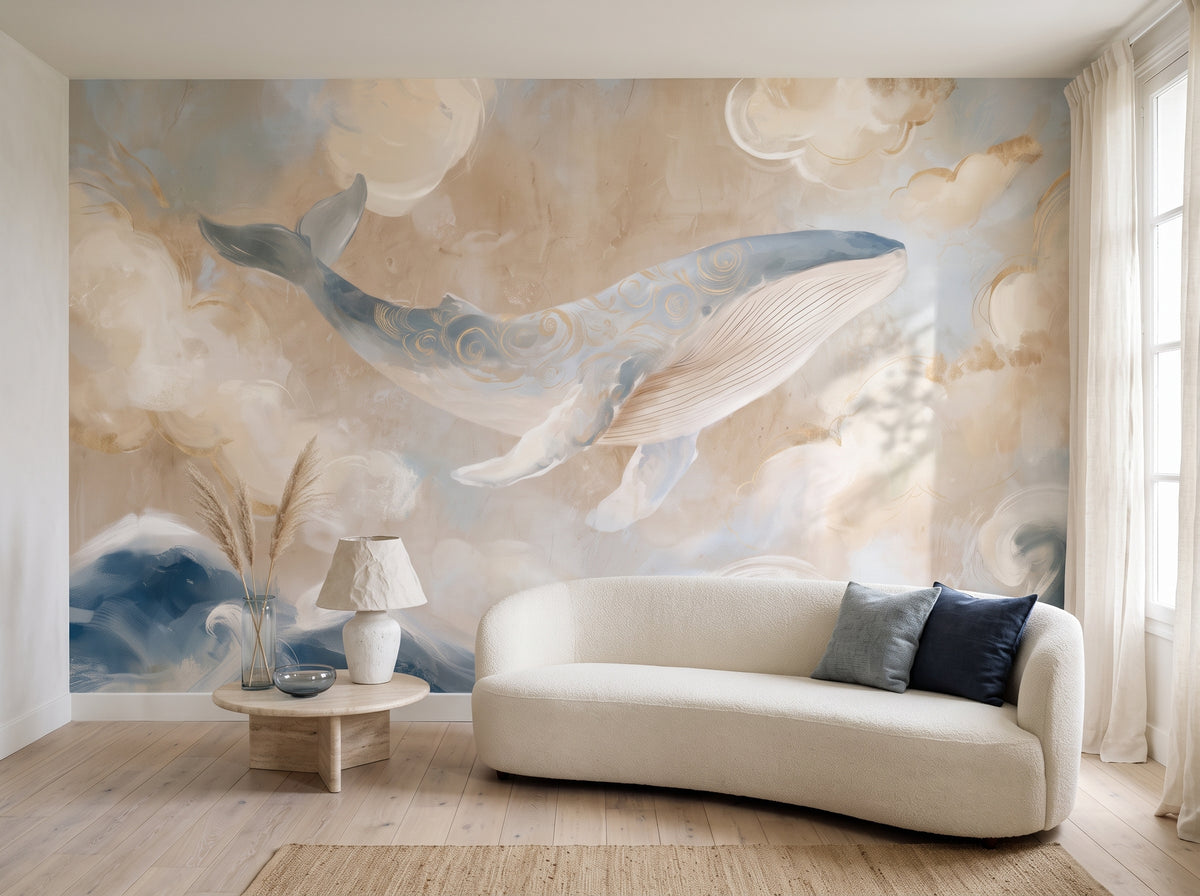 PEARL DRIFTER in der Raumgestaltung eines Wohnzimmers: ganze Wand hinter niedrigem, geschwungenem Sofa, daneben Travertintisch mit Lampe
