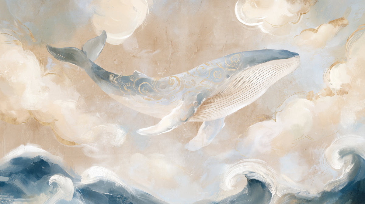 PEARL DRIFTER – vollständiges Motiv: Wal mit goldenen Spiralen vor Beige und hellem Blau, in den unteren Ecken dunkelblaue Wellen