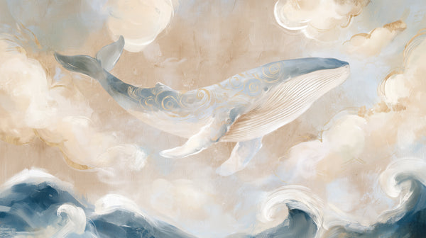 PEARL DRIFTER - Pastell-Fototapete mit Wal zwischen Wolken und Wellen