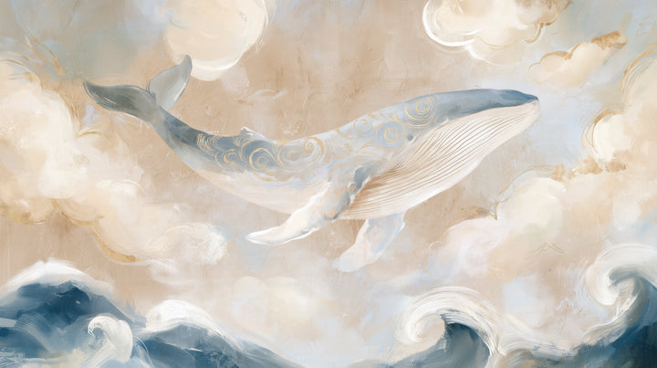 PEARL DRIFTER – vollständiges Motiv: Wal mit goldenen Spiralen vor Beige und hellem Blau, in den unteren Ecken dunkelblaue Wellen