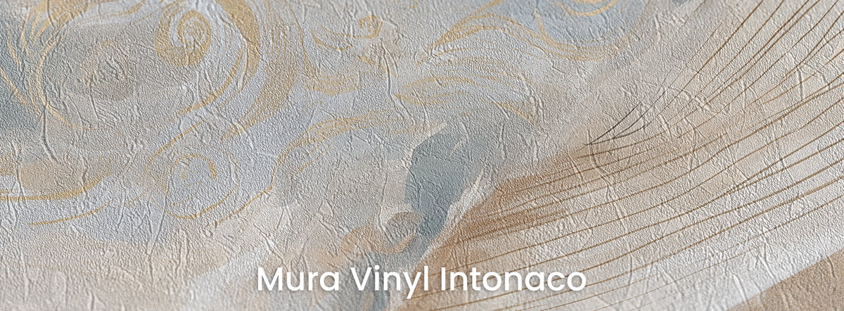 PEARL DRIFTER auf dem Trägermaterial Mura Vinyl Intonaco – Blau, Creme und goldene Spiralen auf Reibeputz-Struktur