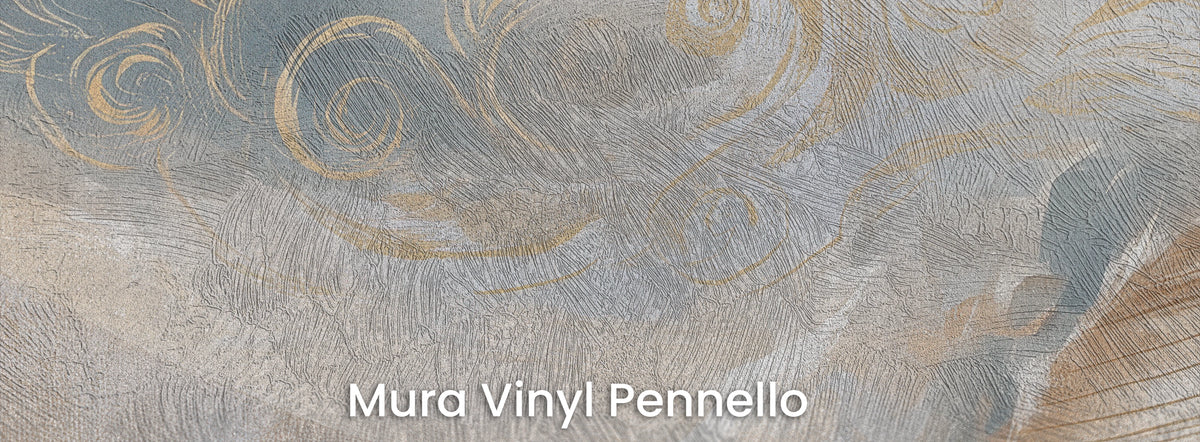 PEARL DRIFTER auf dem Trägermaterial Mura Vinyl Pennello – goldene Spiralen auf der Struktur von Pinselstrichen