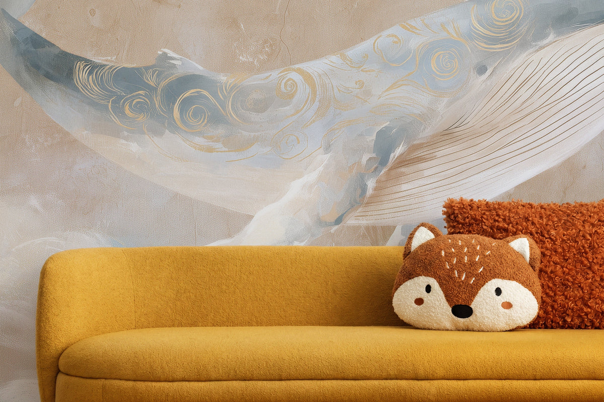 PEARL DRIFTER aus der Nähe über senffarbenem Sofa mit Kissen in Fuchsform: goldene Spiralen und gestreifter Bauch des Wals