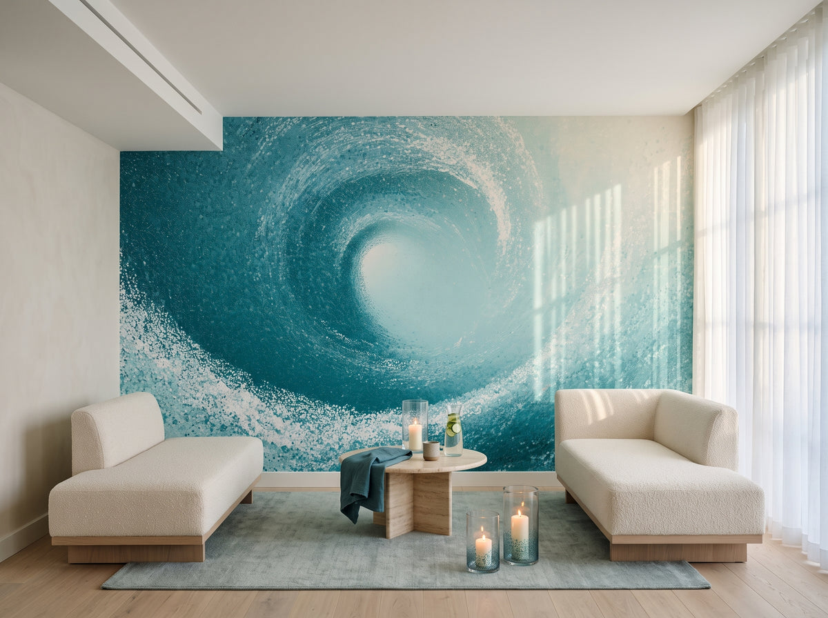 PEARL MAELSTROM in ambientazione area relax di una spa: vortice sull'intera parete dietro due lettini color crema e un tavolino