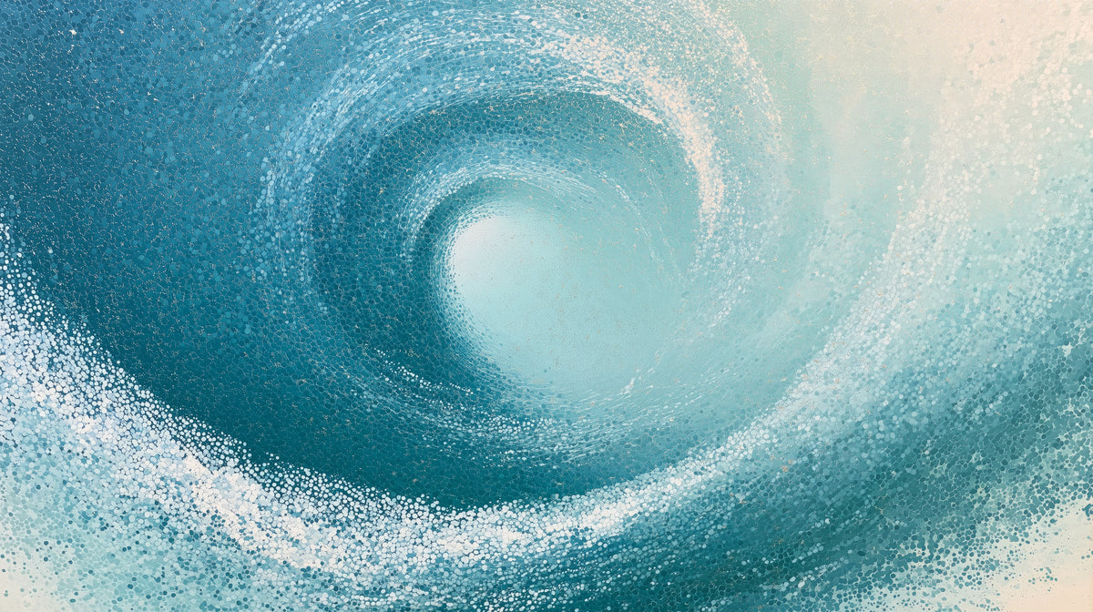 PEARL MAELSTROM, disegno completo: vortice a spirale di minuscoli puntini in azzurri e bianchi con occhio chiaro al centro
