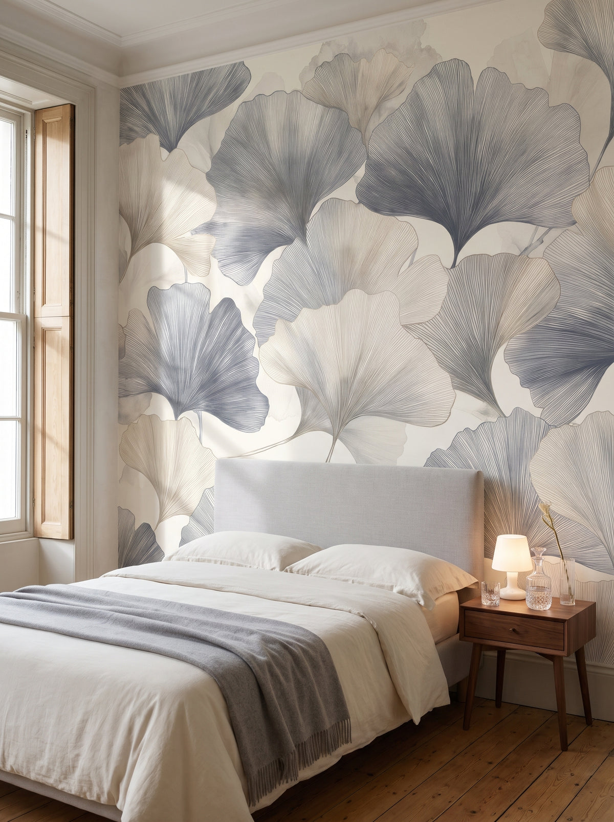 PEWTER VOILE mis en scène dans une chambre d'un immeuble budapestois, devant le mur un lit à tête de lit en lin gris clair