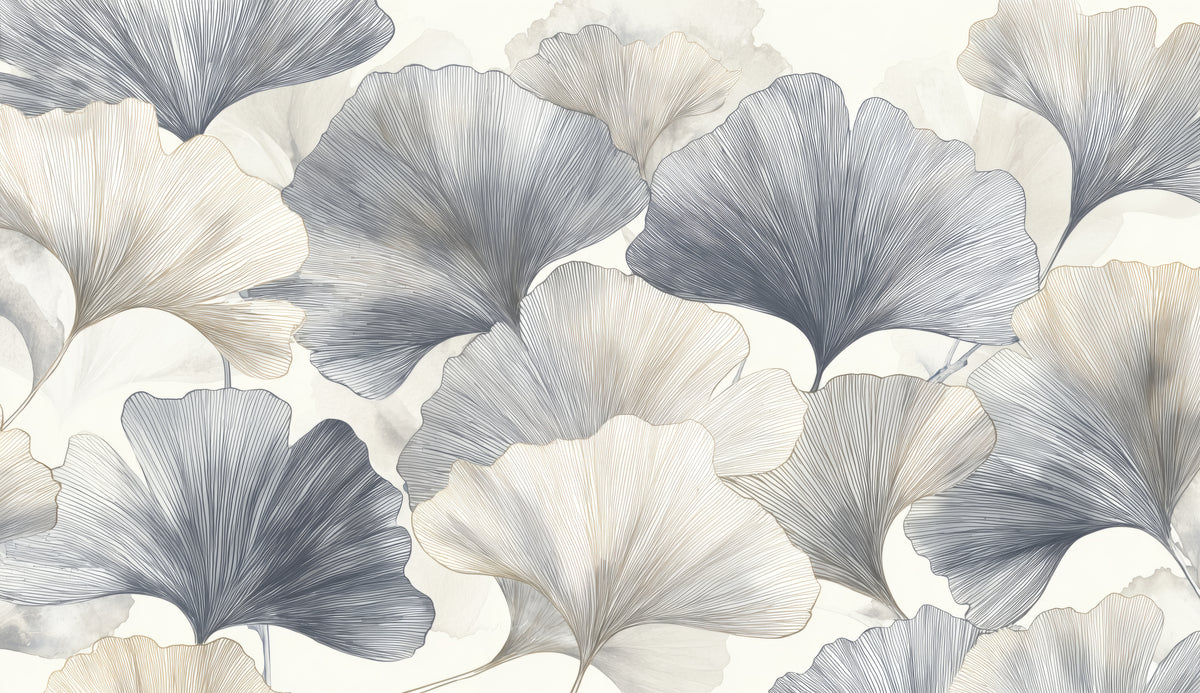 Aperçu du motif : PEWTER VOILE – motif entier : feuilles de ginkgo ardoise, grises et crème en rythme régulier sur un fond blanc crème