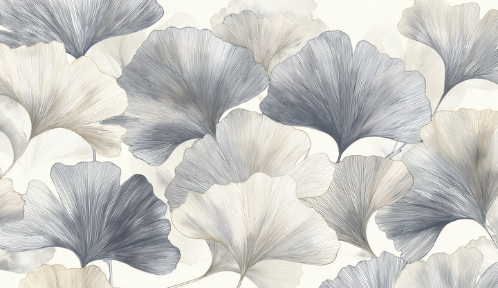 PEWTER VOILE – motif entier : feuilles de ginkgo ardoise, grises et crème en rythme régulier sur un fond blanc crème