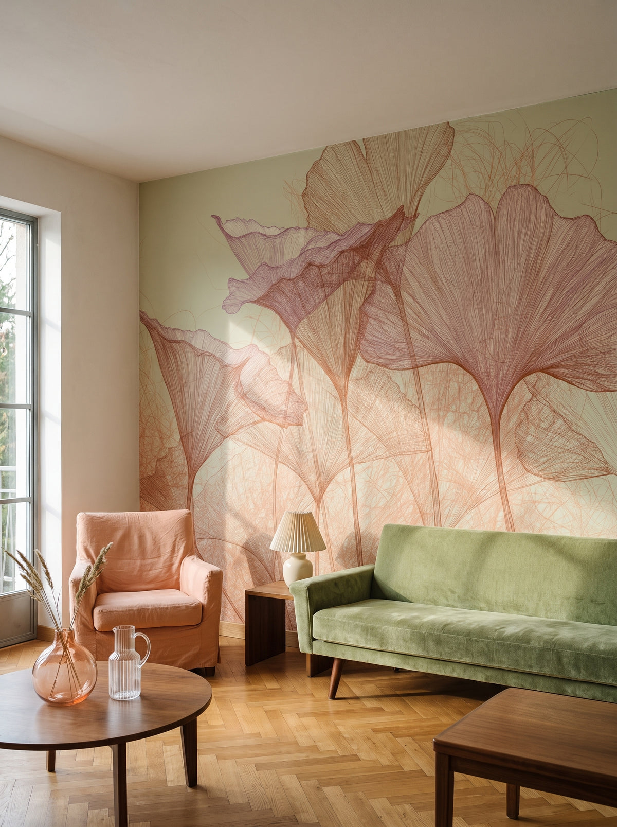 PISTACHIO THICKET en una ambientación de salón en una casa de los años 50 en Liubliana, con un sofá pistacho y un sillón melocotón delante