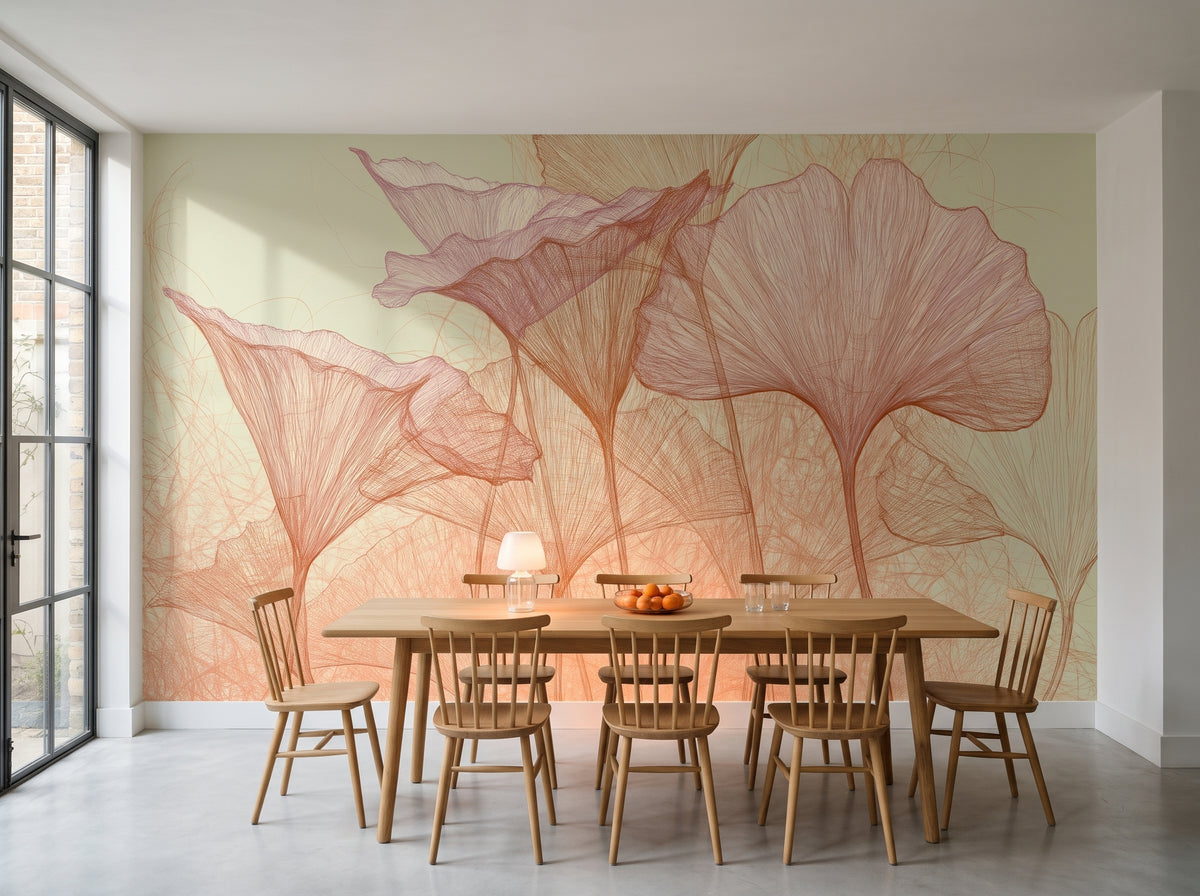 PISTACHIO THICKET en una ambientación de zona de comedor de una cocina en una casa de Londres, con una larga mesa de roble y sillas de barrotes delante
