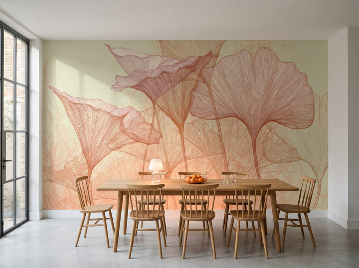PISTACHIO THICKET nell'ambientazione di una zona pranzo in una casa londinese: davanti alla parete ci sono un lungo tavolo di rovere e sedie a listelli