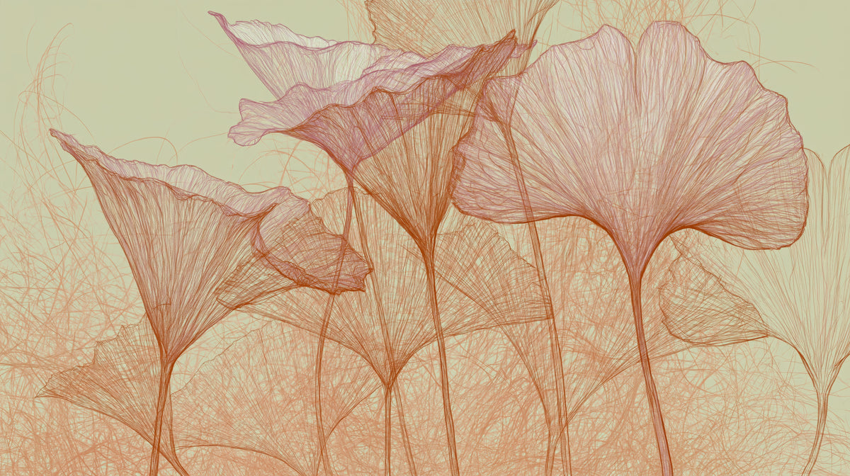 Vista previa del patrón: PISTACHIO THICKET – diseño completo: esbeltas hojas de ginkgo óxido y rosa sobre una maraña de hilos en un fondo pistacho