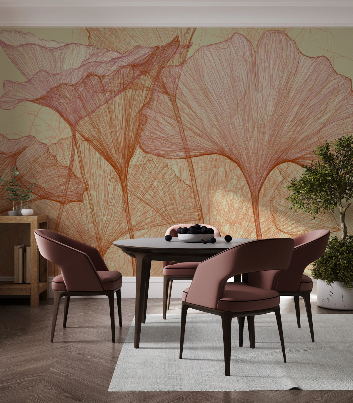 PISTACHIO THICKET en toda la pared de un comedor detrás de una mesa redonda y sillas rosas; los abanicos se alzan muy por encima de la mesa