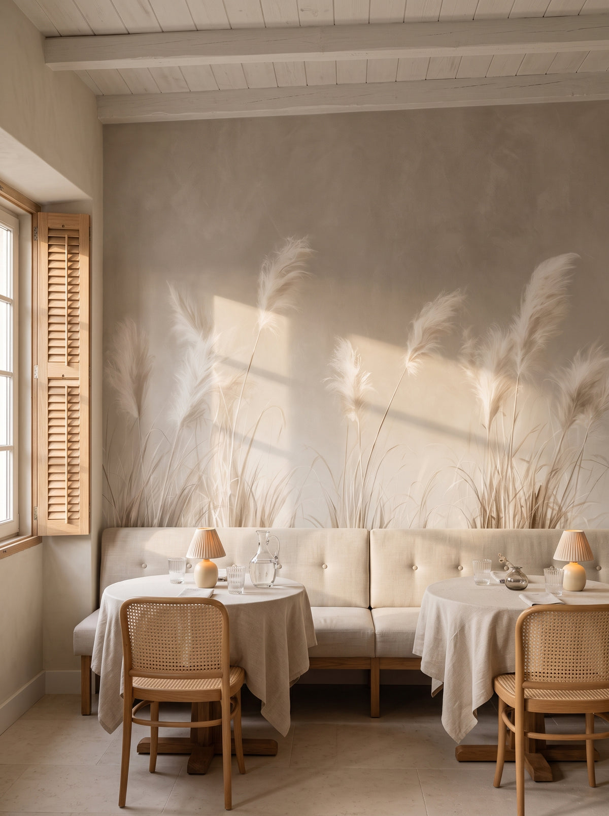 PLASTER AND SILK en mise en scène dans la salle d'un restaurant de poisson à Cascais, devant le mur un banc bas crème