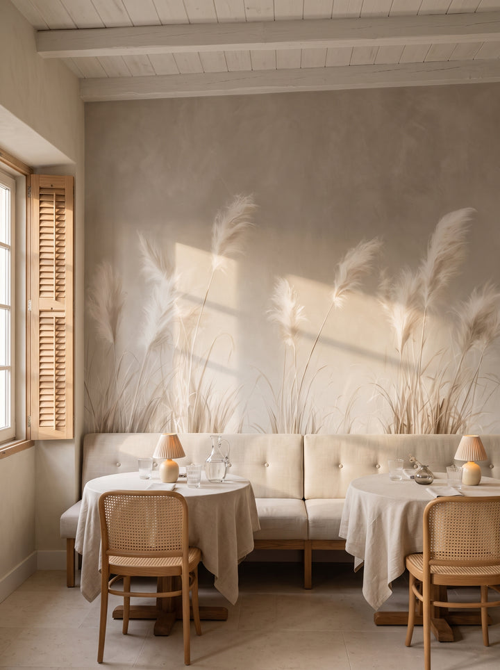 PLASTER AND SILK en mise en scène dans la salle d'un restaurant de poisson à Cascais, devant le mur un banc bas crème