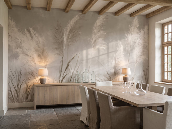 PLUME CHORUS en una ambientación de comedor en una casa de campo flamenca, con un aparador bajo y una mesa delante de la pared