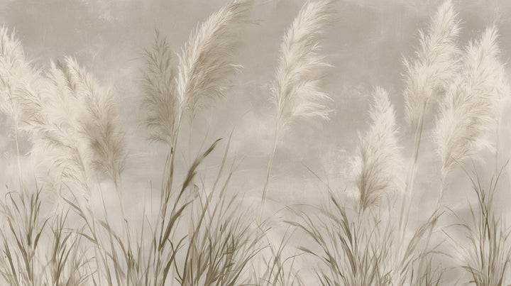 PLUME CHORUS – diseño completo: plumeros crema de hierba de la pampa sobre tallos oscuros color oliva y fondo greige