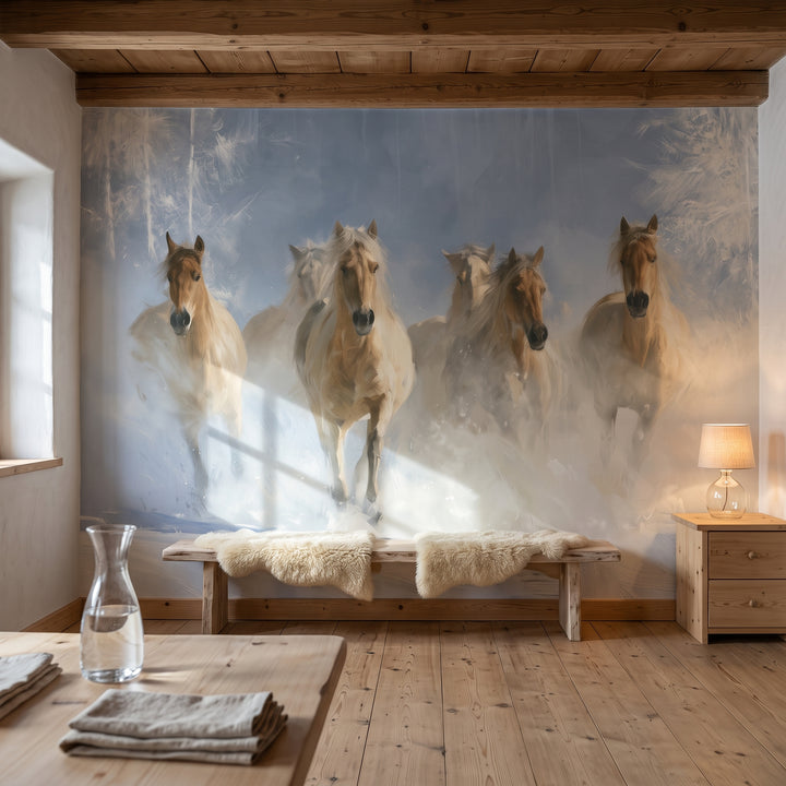 POWDER STAMPEDE en una ambientación de comedor: caballos al galope sobre un banco bajo con pieles, mesa de madera clara en primer plano