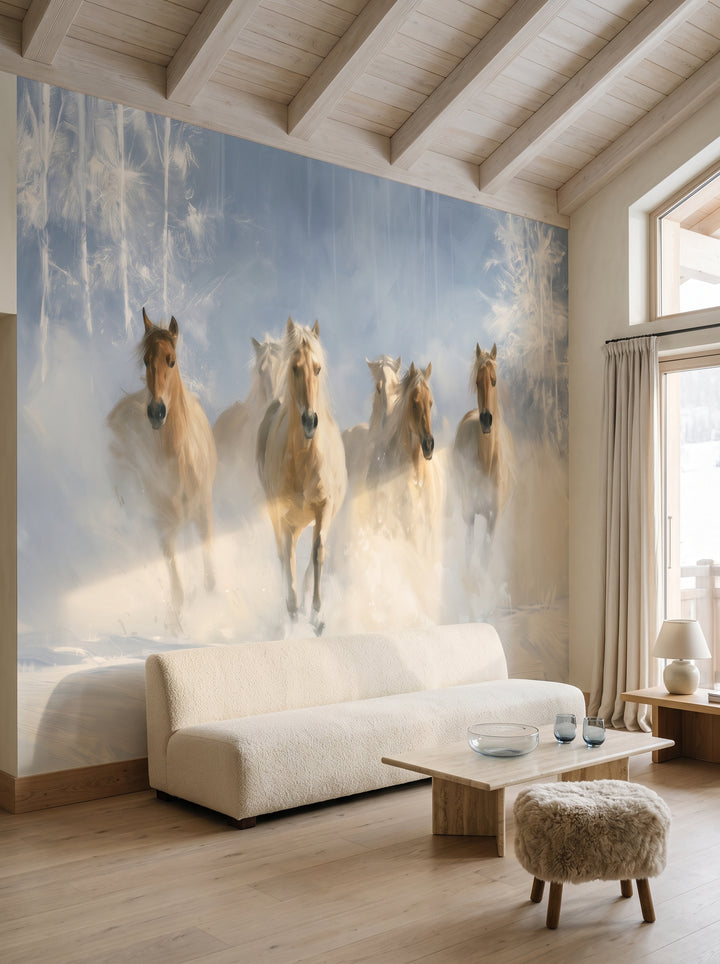 POWDER STAMPEDE en una ambientación de salón: manada de caballos dorados sobre un largo sofá crema y una mesa de travertino